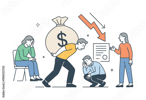 Financial stress and debt management in a personal or business context where individuals struggle to handle repayments and obligations, represented by a clear visual