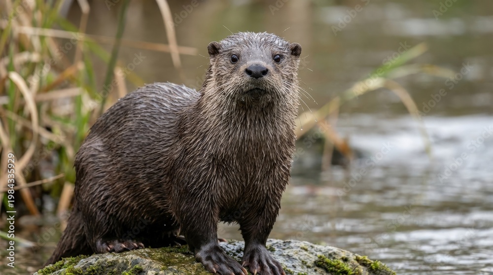 Fototapeta premium A charming semi-aquatic otter standing with sleek wet fur, bright curious eyes and natural animal detail, isolated in a lively wildlife portrait, ultra-realistic, no logos.