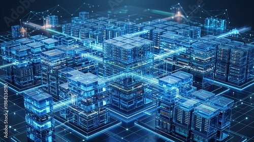 Layered transparent blue glass blocks forming a clean digital infrastructure scene, isometric cloud-computing style with elegant depth, ultra-realistic, no logos.