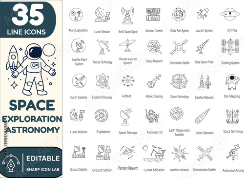 Space Exploration and Astronomy Icon Set, Satellite Systems, Orbital Science, Space Research, Observatory and Cosmic Technology Editable Vector Icons
