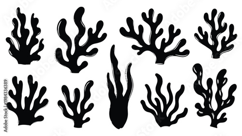 Diverse collection of bold black brushstroke seaweed shapes, perfect for creating abstract underwater or ocean-themed design elements.