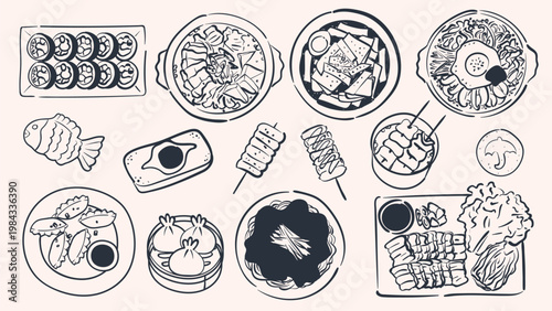 Big set of korean food and street food in ink line art style. Vector doodle illustration of bibimbap, kimbap, tteokbokki, ramen, mandu dumplings and kimchi isolated for restaurant menu design.