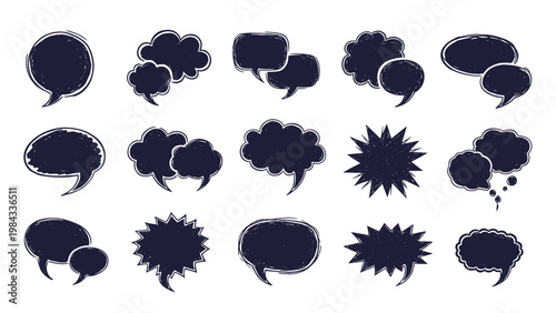 Diverse collection of bold black grunge speech bubbles in various shapes and sizes, ideal for comic, communication, and dialogue designs.