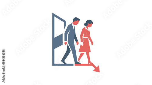 Business People Exiting Through Door with Downward Arrow