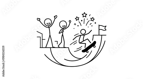 Stick Figure Skateboarder Landing a Trick and Celebrating