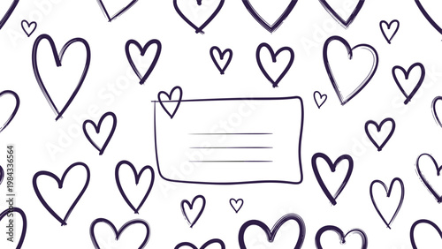 Whimsical seamless pattern composed of charming hand-drawn purple hearts and a central message frame, ideal for romantic or affectionate designs.