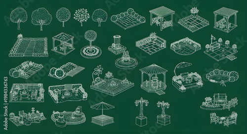 Garden and Outdoor Landscape Play Area Blueprint Icon Set – Multi View AutoCAD Landscape Recreation Technical Drawings White Outline on Dark Green Background