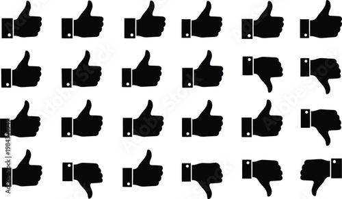 Grid of thumbs up and thumbs down icons in black and white with thumbs up social media thumbs
