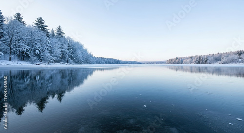 A serene winter landscape with a calm lake surrounded by snow-covered trees under a clear blue sky