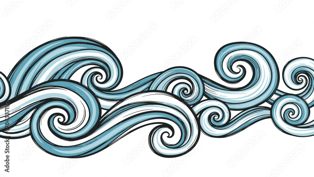 Fototapeta premium Artistic horizontal border featuring stylized ocean waves with dynamic swirls, rendered in refreshing shades of blue and black, ideal for nautical themes.