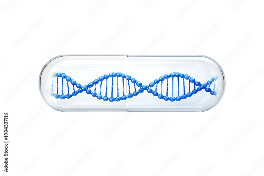 Fototapeta premium Transparent capsule pill containing blue DNA double helix, isolated on black background for genetics, biotechnology, and personalized medicine concept illustration
