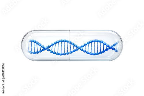 Transparent capsule pill containing blue DNA double helix, isolated on black background for genetics, biotechnology, and personalized medicine concept illustration