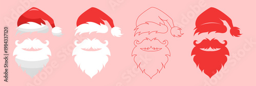 Santa Claus face variations with different beard and hat styles in vector format