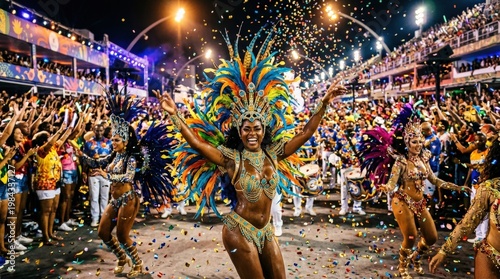 A vivid Brazilian carnaval scene with dazzling costumes, samba dancers, confetti and glowing street lights, explosive color and festive energy filling the frame, ultra-realistic, no logos.