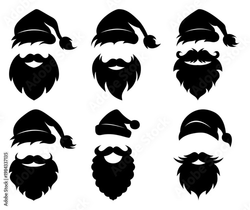 Black silhouette Santa Claus faces with various beard shapes and hat styles