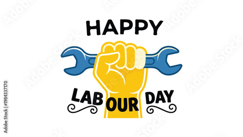 Happy Labour Day celebration raised hand holding wrench worker strength solidarity tribute modern vector illustration design