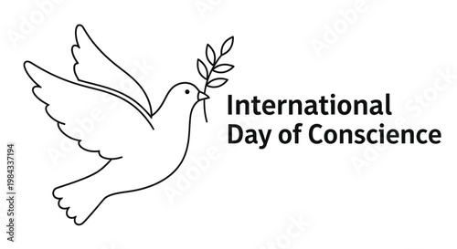 A white dove carrying an olive branch with the text international day of conscience