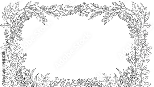 Detailed hand-drawn rectangular frame meticulously composed of intricate outlined leaves and branches, creating a lush botanical border for elegant designs.