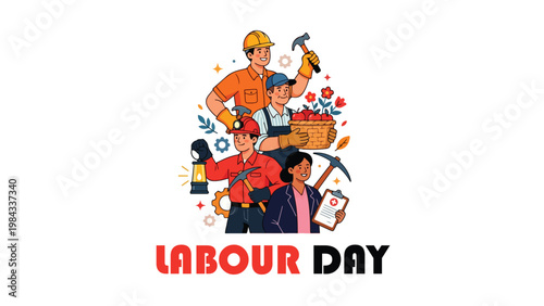 Labour Day celebration diverse workers construction farmer engineer tools hammer wrench basket clipboard tribute vector illustration design