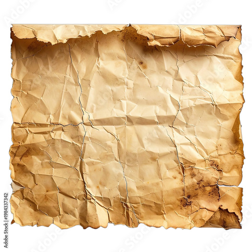 A wrinkled and torn parchment scroll with burnt edges on a black background.