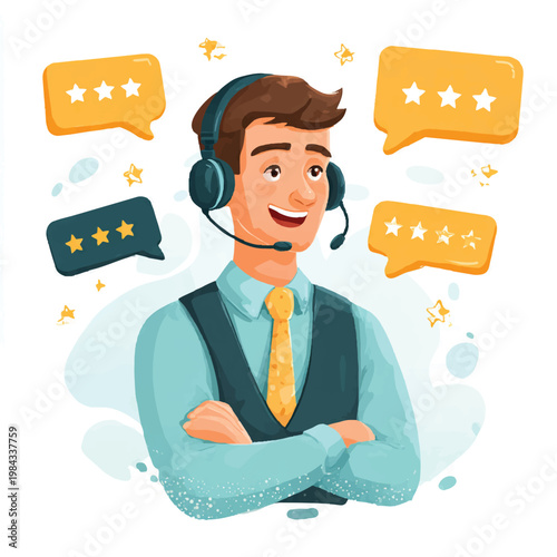 Customer Support Operator With Headset Surrounded By Rating Feedback Icons