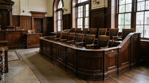 An empty jury box inside a refined courtroom, polished wood, orderly chairs, soft natural window light, solemn mood of justice waiting and civic gravity, ultra-realistic, no logos.