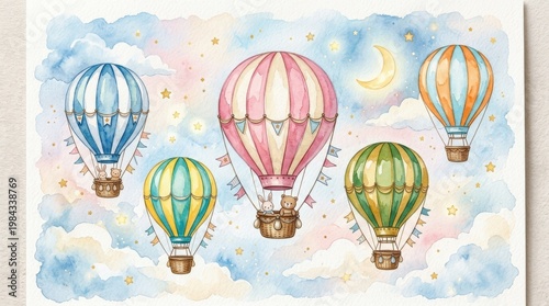 A watercolor set of striped hot air balloons with clouds and stars, dreamy nursery illustration with gentle floating charm, ultra-realistic, no logos.