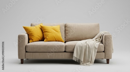 A beige sofa with two vivid yellow throw pillows and a light blanket draped casually, isolated cleanly with soft studio light, ultra-realistic, no logos.