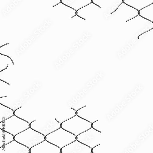 Torn metal wire fence, realistic chain-link fencing, silver color, background, frame.