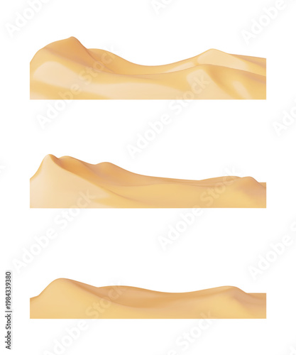 3D desert landscape with golden sand dunes plastic style playground vector set, cartoon volumetric sandy hills landscape