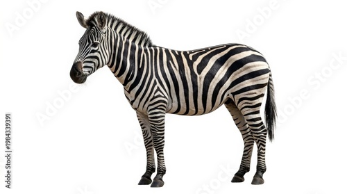 A zebra standing in full view, isolated on a transparent background, bold black and white stripes, majestic wildlife presence, ultra-realistic, no logos.