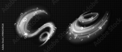 Water swirls with soap bubbles isolated on transparent background. Vector realistic illustration of spiral foamy vortex, fresh cleaning effect from laundry detergent, wash and care product design