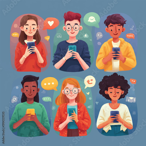 Diverse Young Adults Using Smartphones for Social Media Communication Vector