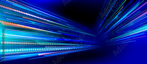 Abstract tech background with data streams, glowing lines and dots. Vector realistic illustration of futuristic digital data transfer, cyber space design, innovation software presentation template