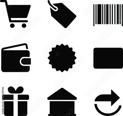 E-commerce icons, shopping symbols, payment labels, retail signs, 9 black vector graphics