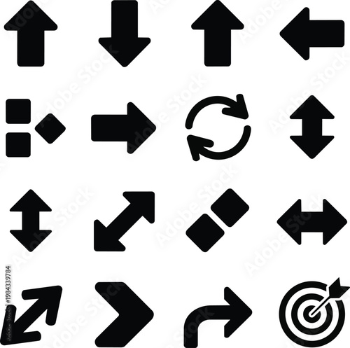 Black arrows, direction icons, navigation symbols, vector graphics