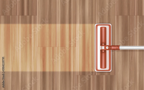 Realistic mop cleaning wooden floor surface with cleanliness effect, 3d vector background, top view. Illustration of house equipment for effective dust removal on wood parquet home flooring.