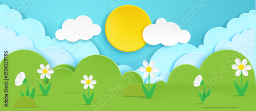 Fotografie Spring paper cut landscape with grass and bushes, flowers and sky, vector background