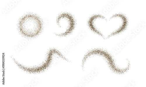 A set of abstract shapes made of brown fine particles of dust, powder, paint, and glitter.