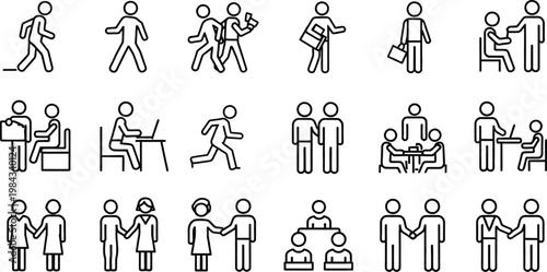 Set of human figures and icons representing people in various activities and professions