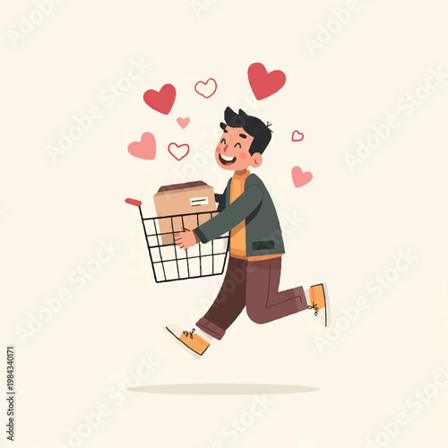 Happy Boy Running With Shopping Cart Carrying Parcel And Hearts