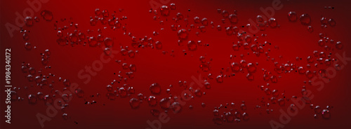 Realistic water drops splash on red surface, transparent droplets, 3d vector illustration on scarlet background. Fresh moisture effect and condensation texture, rain or shower pattern with reflection