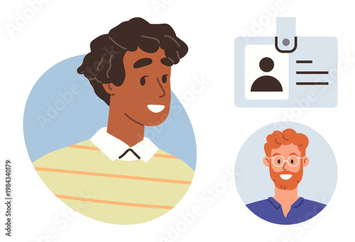 Digital identity, verification processes, profile creation, networking, authentication, employee ID. Two illustrated character portraits and an ID badge. Digital identity and verification processes