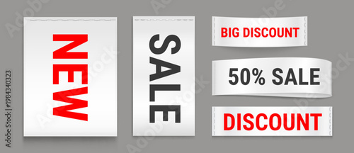 Premium white fabric label with realistic sewn texture, cotton cloth ribbon with sale and discount promo, vector icons isolated on background. Fashion brand tags and apparel badge designs