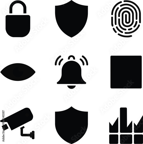 Cyber security icons set, black silhouette safety symbols, digital protection and surveillance vector elements for web interface design