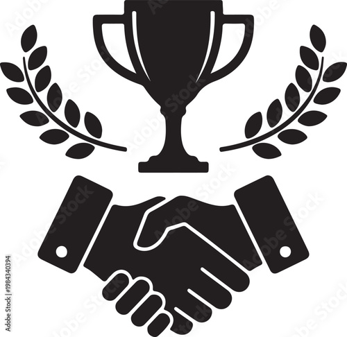 Illustration of a trophy with laurel wreaths and a handshake, symbolizing achievement, success, partnership, and victory in business or competition