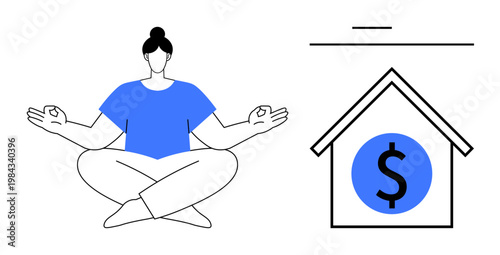 Wellness, financial planning, mindfulness, work-life balance, home economy, productivity. Woman sitting in lotus pose next to a house with a dollar sign. Wellness and financial planning concept