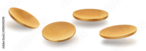 Realistic round wooden plates isolated on white background. Vector illustration set of circular podiums with natural wood texture, platform base for product display, presentation banner design element