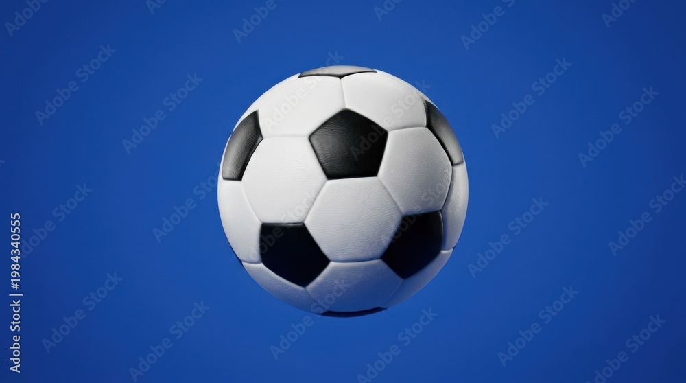 Naklejka premium Black-and-white soccer ball rotating against a clean blue background, crisp studio lighting, smooth motion-ready minimal sports scene, ultra-realistic, no logos.