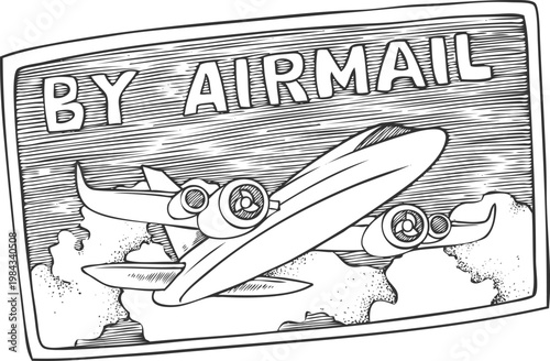 Postage stamp by airmail with airplane vector sketch, vintage aircraft postage mark seal, post office black ink stamp